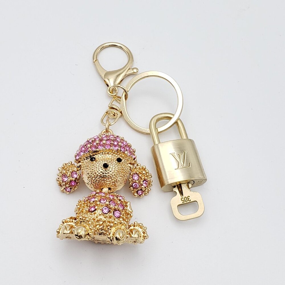Authentic Louis Vuitton Gold Padlock & Key w/Unbranded Rhinestone Dog Keychain - Picture 5 of 8